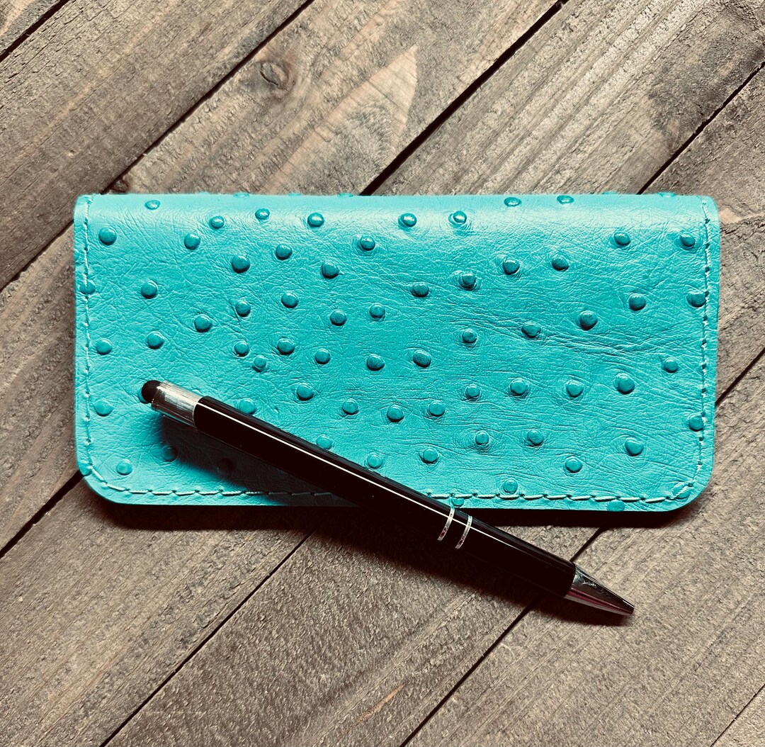 Blue Italian Leather Checkbook Cover, Handmade Embossed Ostrich Leather ...