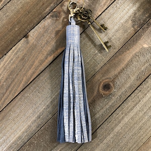 Leather Tassel, Blue and Silver Leather Tassel Keychain, Leather Purse Accessory, Blue Leather Handmade Tassel