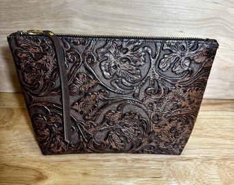 Western Leather Cosmetic Bag, Genuine Leather Makeup Bag, Brown Leather Zipper Bag