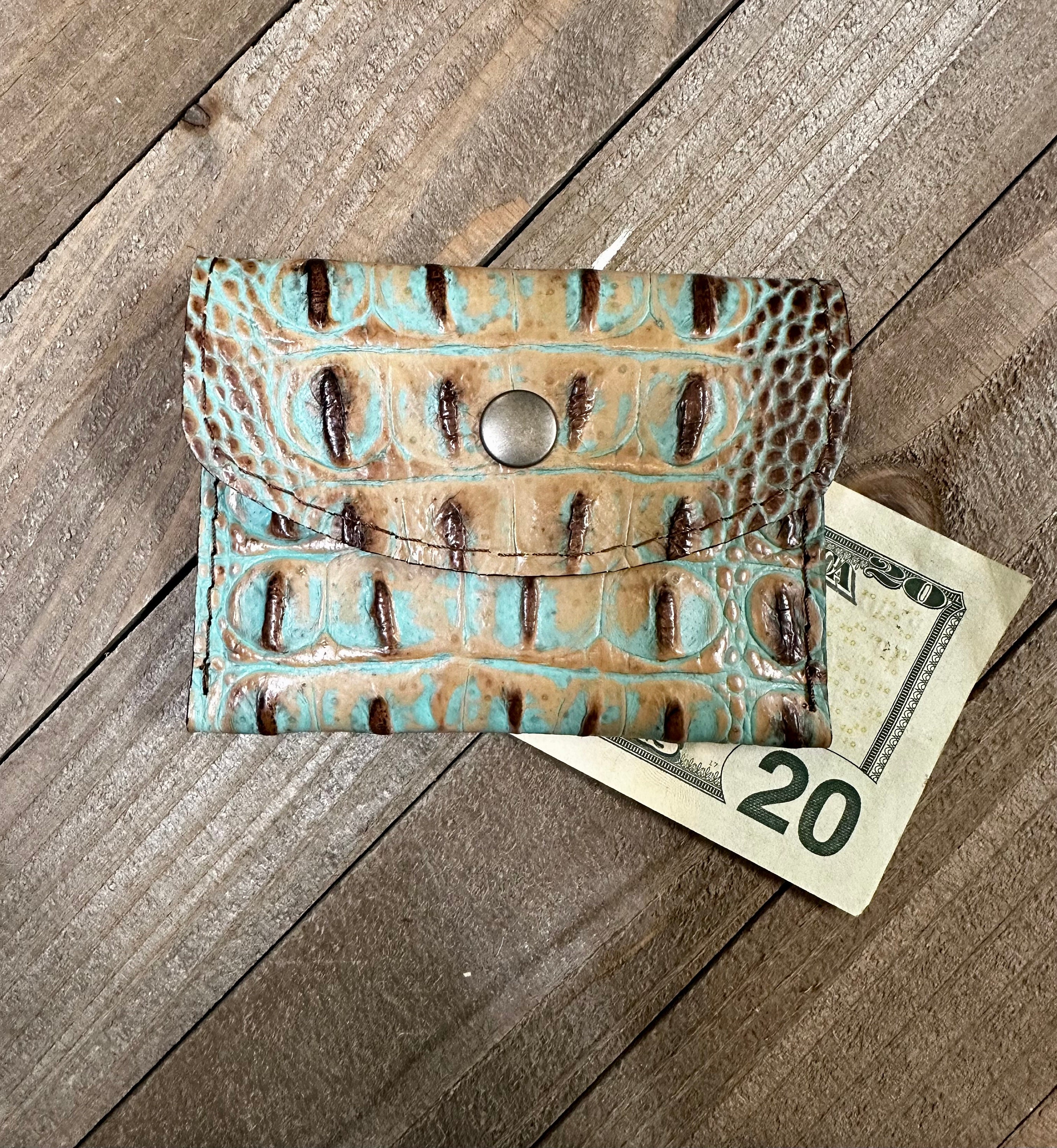 Green and Brown Gator Embossed Leather Coin Purse, Handmade Genuine Leather Business Card Holder, Snap Coin Purse, ID Card Holder Leather