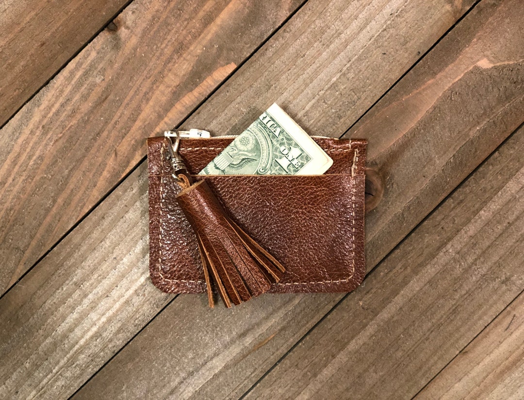 Brown Leather Zip Coin Purse With Tassel, Handmade Genuine Leather