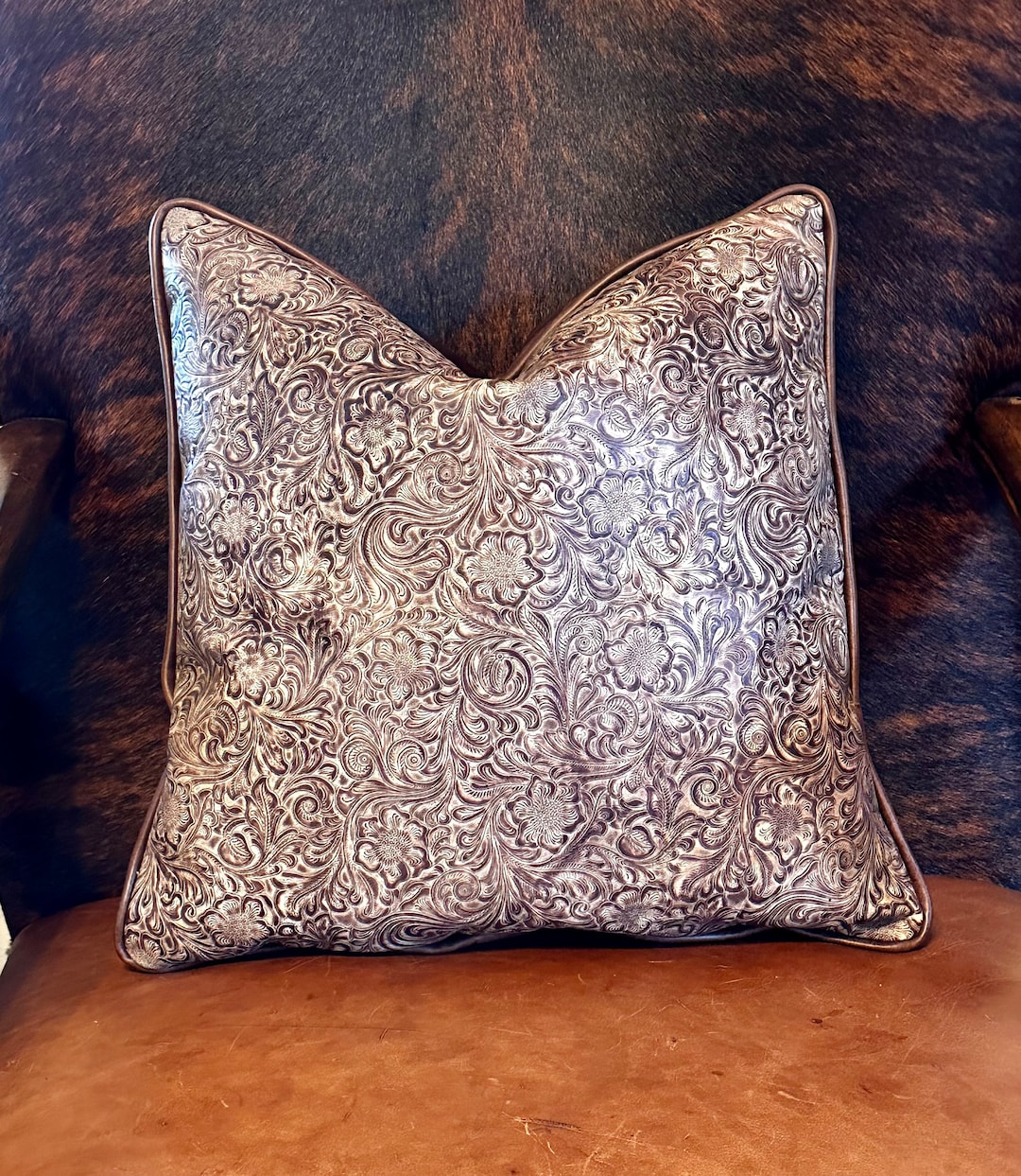 Leather Western Pillow, Brown Genuine Leather Pillow, Decorative Pillow