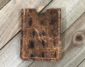 Genuine Leather Card Holder, Brown Gator Embossed Leather Card Pouch, Leather ID Holder, Leather Gift Card Sleeve, Business Card Holder