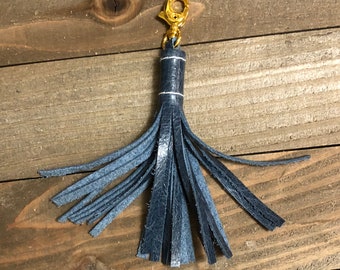 Portachiavi in pelle in pelle, portachiavi in pelle blu fatta a mano, accessorio Purse in pelle, portachiavi Blue Tassel, chiavi in pelle