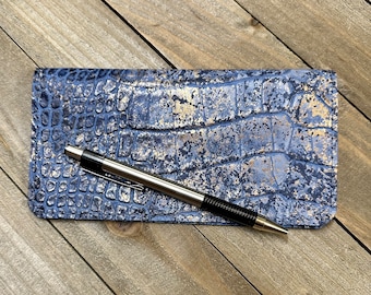 Blue and Gold Italian Leather Checkbook Cover, Leather Duplicate Checkbook Cover