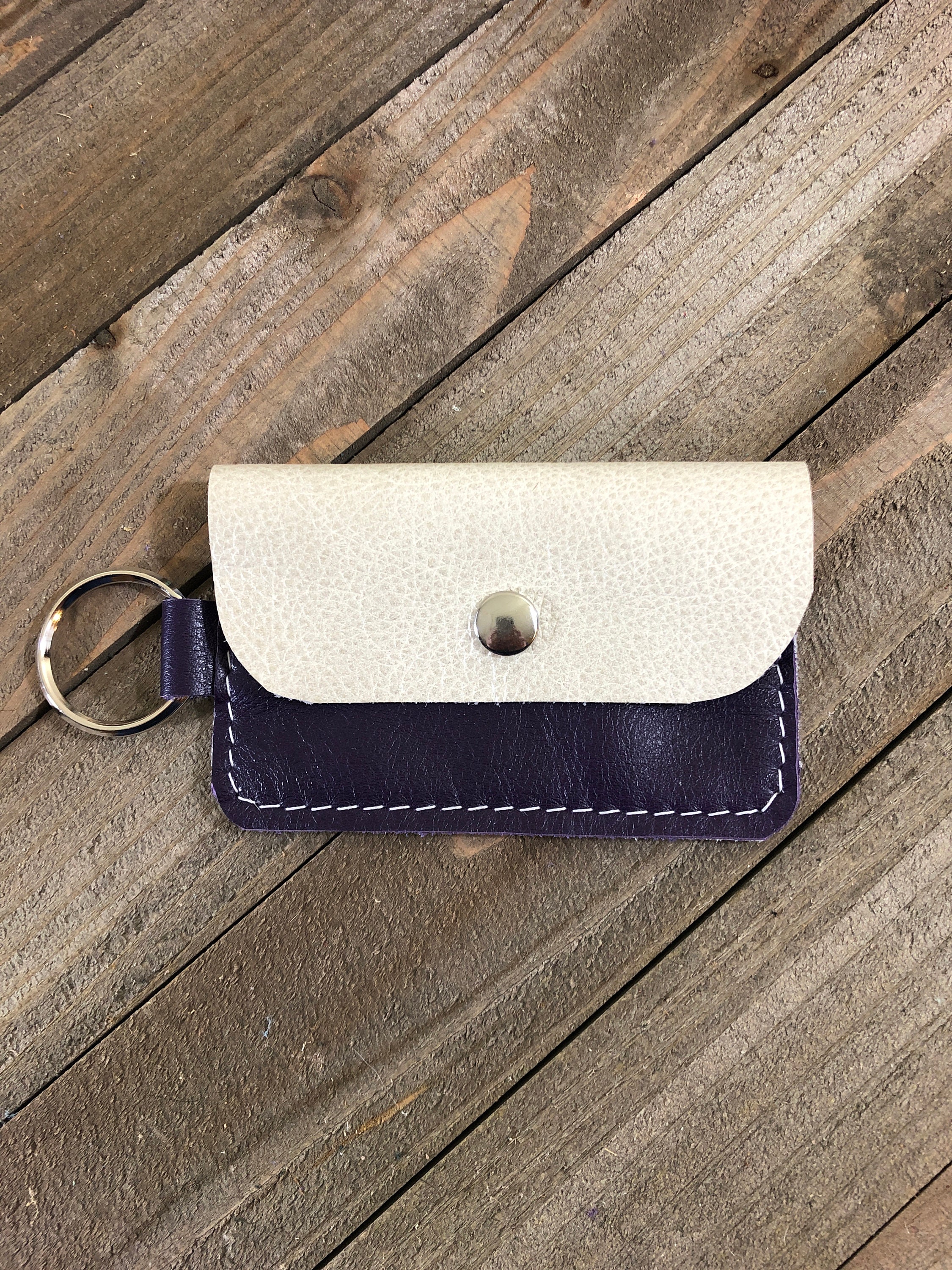 Violet Leather Business Card Keychain, Genuine Leather Coin Purse ...