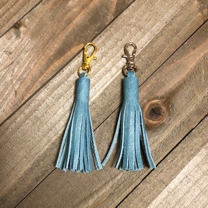 Leather Tassel/Clip Leather Tassel/Leather Accessory/Blue Leather Tassel with Clip Leather Purse Tassel Handmade Blue Tassel