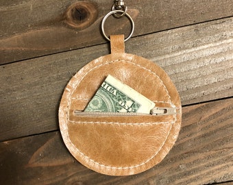 Leather Ear Bud Pouch, Leather Coin Purse, Beige Leather Coin Pouch, Leather Zipper Coin Purse, Leather Key Chain, Round Zipper Pouch