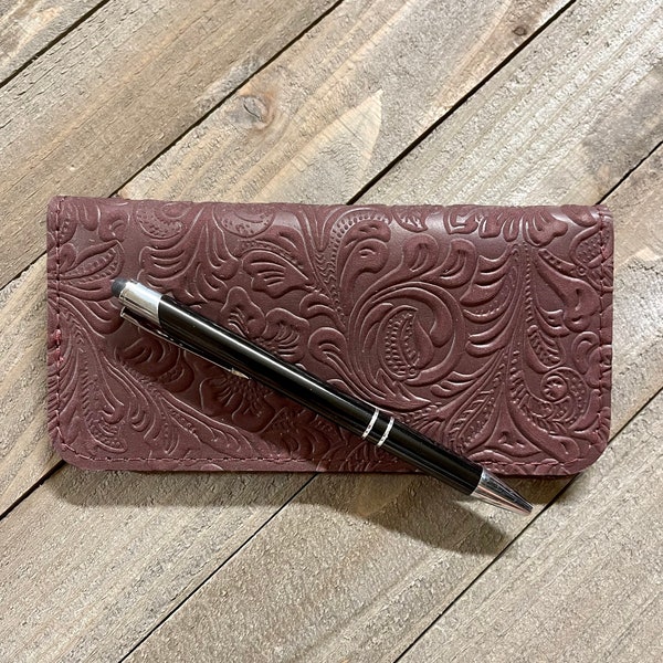 Brick Red Floral Italian Leather Checkbook Cover, Red Leather Duplicate Checkbook Cover