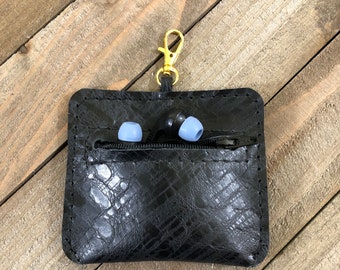 Genuine Leather Ear Bud Pouch, Clip on Earbud Pouch, Black Zip Leather Earbud Pouch, Handmade Black Leather Coin Purse
