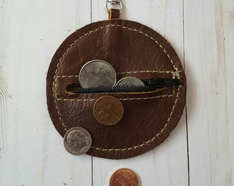 Leather Keychain Coin Purse, Leather Ear Pod Case, Coin Pouch Brown Leather, Ear bud Pouch, Round Zipper Pouch, Round Leather Coin Purse