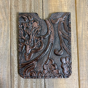 Genuine Leather Card Holder, Western Embossed Leather Card Pouch, Leather ID Holder, Leather Gift Card Sleeve, Business Card Holder