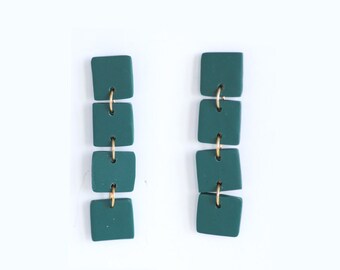 Emerald geometric statement earrings with stainless steel posts, Handmade jewelry