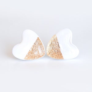 White heart stud earrings with gold foil made with stainless steel posts, polymer clay jewelry image 1