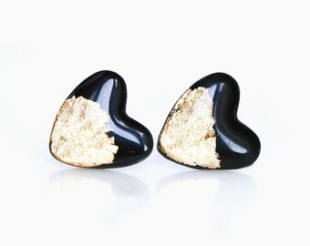 Black gold heart stud earrings with surgical hypoallergenic steel posts, Polymer clay jewelry