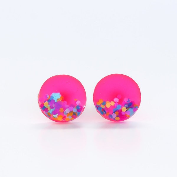 Neon pink surgical steel stud earrings, Hypoallergenic earrings for sensitive ears, Handmade jewelry