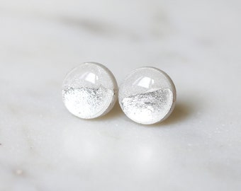 Delicate surgical steel stud earrings with silver foil, Hypoallergenic handmade jewelry for sensitive ears