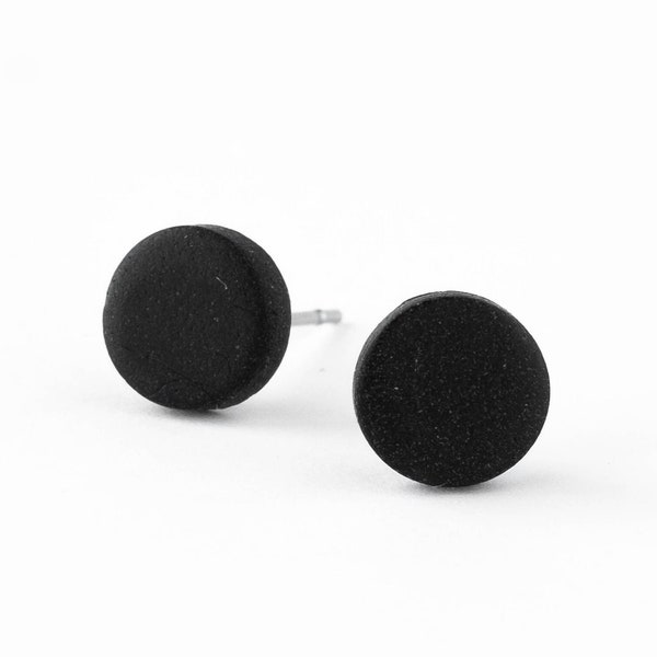 Black matte stud earrings, Hypoallergenic stainless steel earrings, Handmade polymer clay jewelry