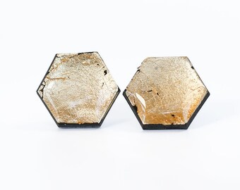 Gold hexagon stud earrings with surgical steel posts, Polymer clay jewelry