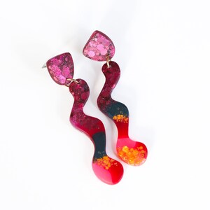 Bright statement earrings, Pink fashion earrings with colourful glitter, Handmade jewelry gift