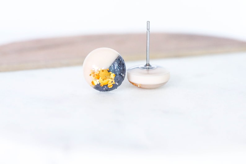 Granite and champagne surgical steel earrings, Hypoallergenic studs, Handmade jewelry, Gift for her image 10