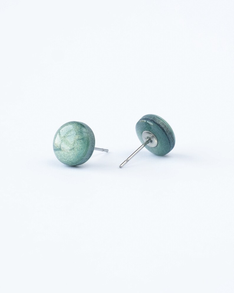 Green stellar studs, Hypoallergenic stainless steel earrings, Handmade polymer clay jewelry image 9