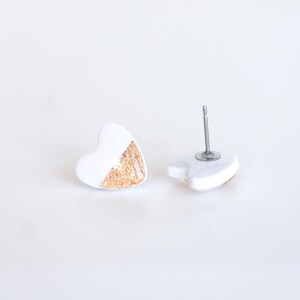 White heart stud earrings with gold foil made with stainless steel posts, polymer clay jewelry image 2