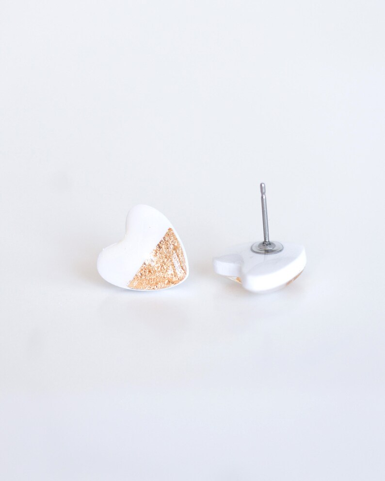 White heart stud earrings with gold foil made with stainless steel posts, polymer clay jewelry image 2