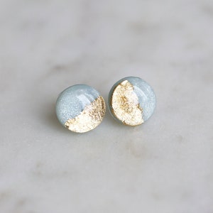 Surgical steel blue gold foil studs earrings, Minimalist earrings with surgical steel posts, Handmade jewelry, Gift for her image 1