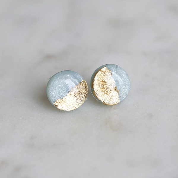 Surgical steel blue gold foil studs earrings, Minimalist earrings with surgical steel posts, Handmade jewelry, Gift for her