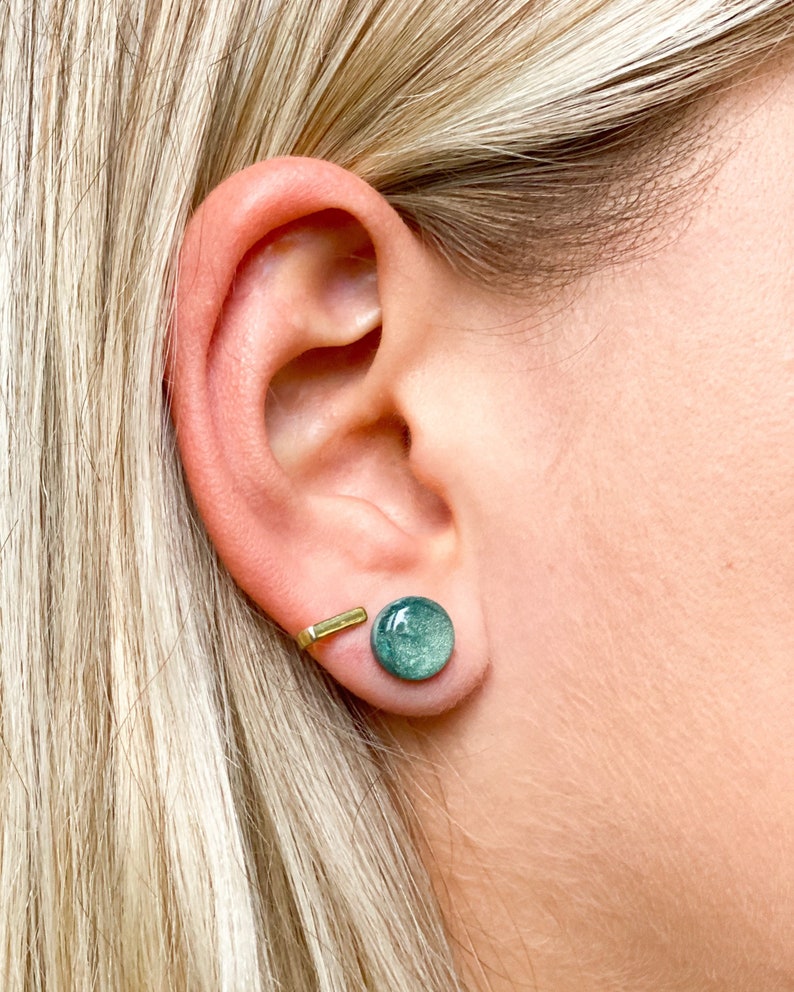 Green stellar studs, Hypoallergenic stainless steel earrings, Handmade polymer clay jewelry image 2