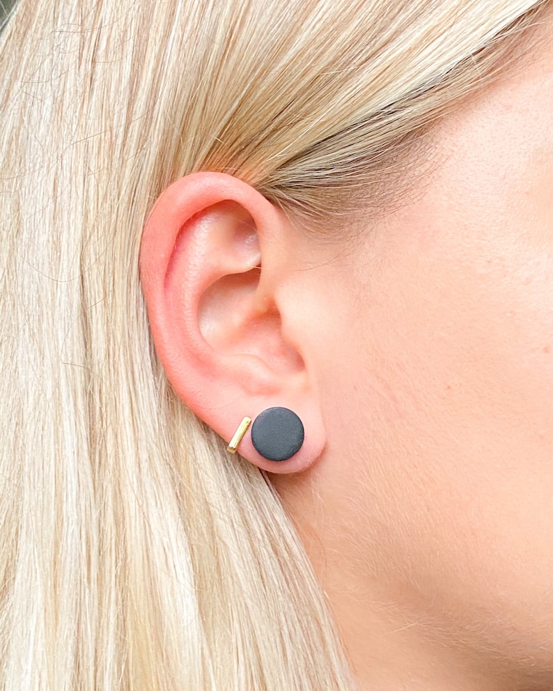 Black matte stud earrings, Hypoallergenic stainless steel earrings, Handmade polymer clay jewelry 12 Millimeters