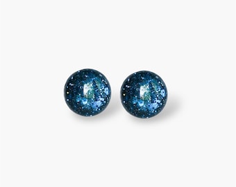 Minimalist Blue Glitter Stud Earrings (8mm): Hypoallergenic Surgical Steel Posts
