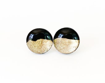 Black and gold stud earrings with surgical hypoallergenic steel base, Handmade jewelry