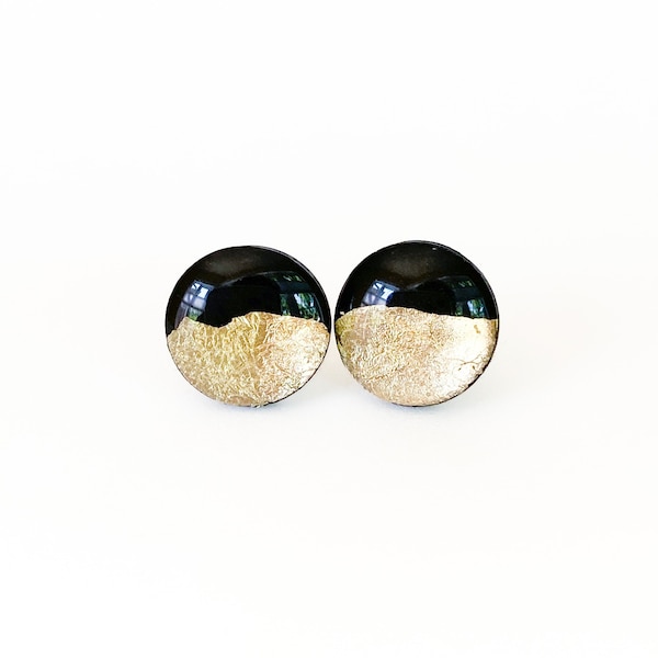 Black and gold stud earrings with surgical hypoallergenic steel base, Handmade jewelry