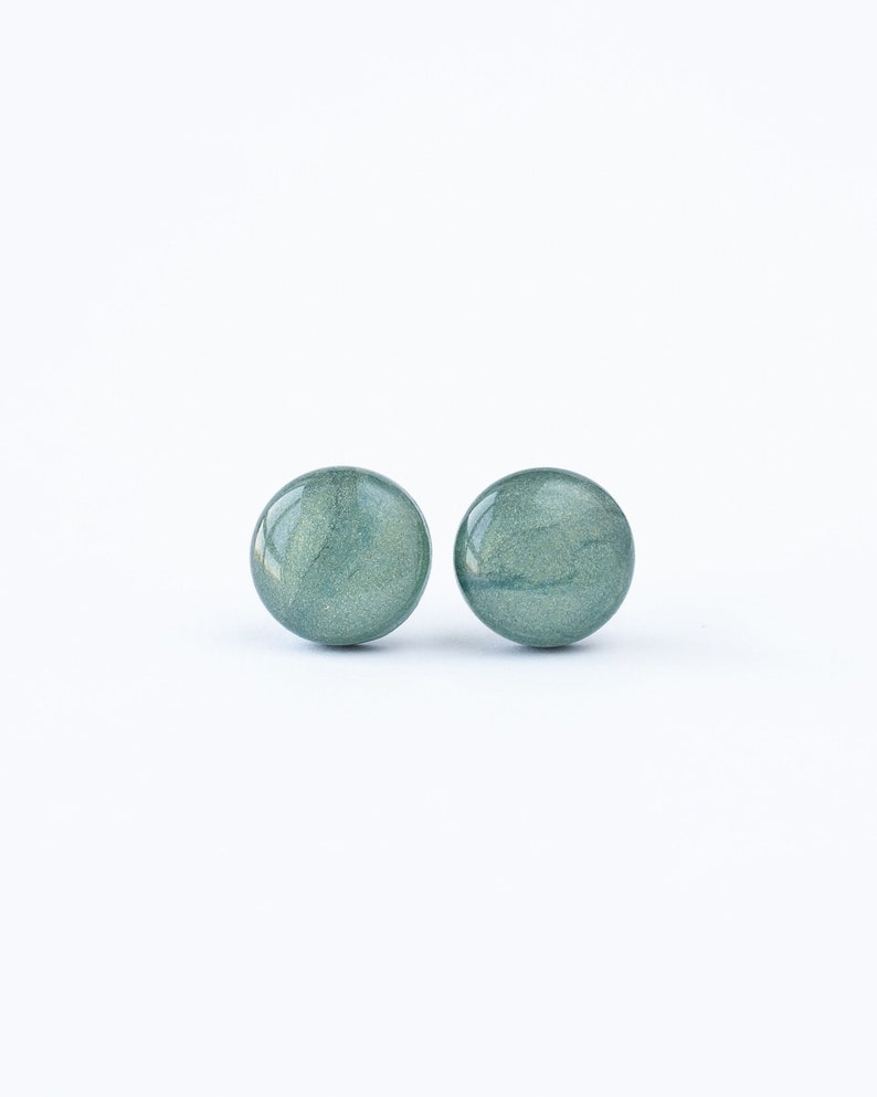 Green stellar studs, Hypoallergenic stainless steel earrings, Handmade polymer clay jewelry image 1