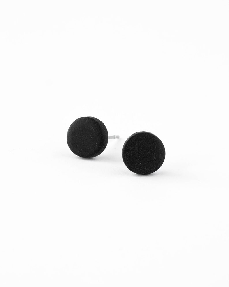 Black matte stud earrings, Hypoallergenic stainless steel earrings, Handmade polymer clay jewelry image 1