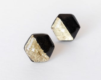 Black and gold hexagon stud earrings, Unusual gold foil studs, Hypoallergenic earrings for sensitive ears