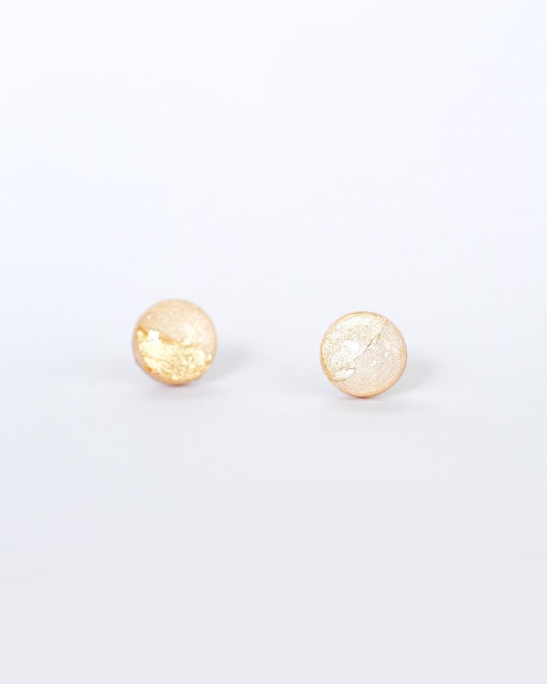 Champagne sparkly gold stud earrings, Minimalist gold earrings with surgical hypoallergenic steel base, Polymer clay jewelry image 9