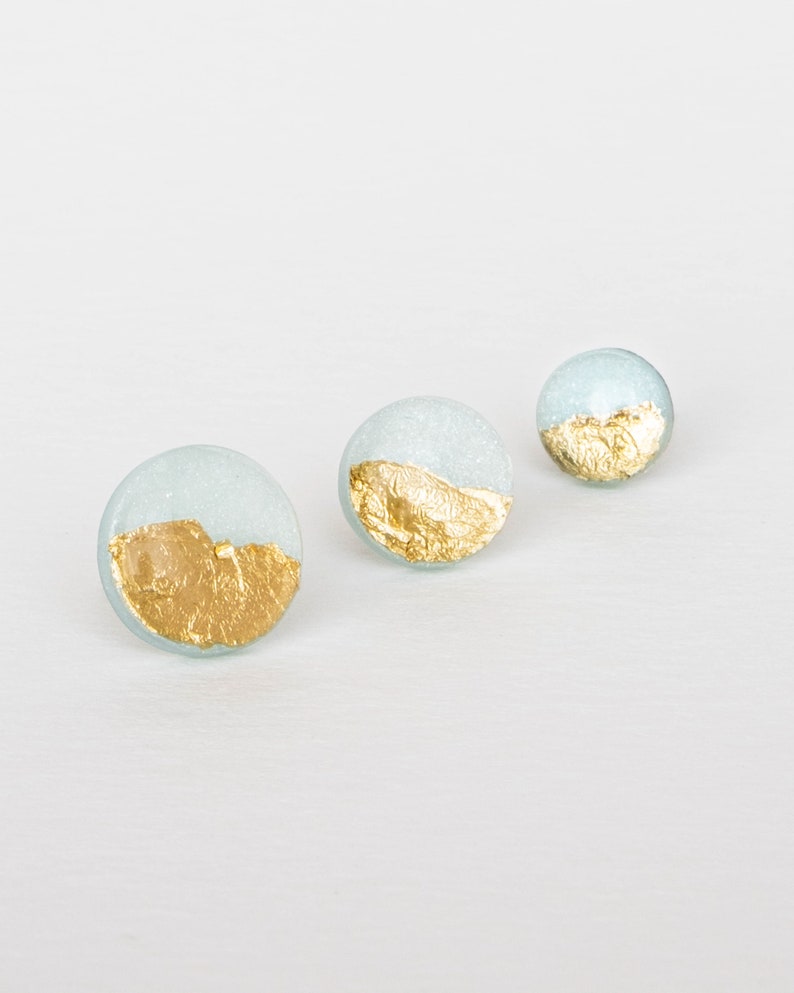 Surgical steel blue gold foil studs earrings, Minimalist earrings with surgical steel posts, Handmade jewelry, Gift for her image 8