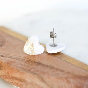 White heart stud earrings with gold foil made with stainless steel posts, polymer clay jewelry image 4