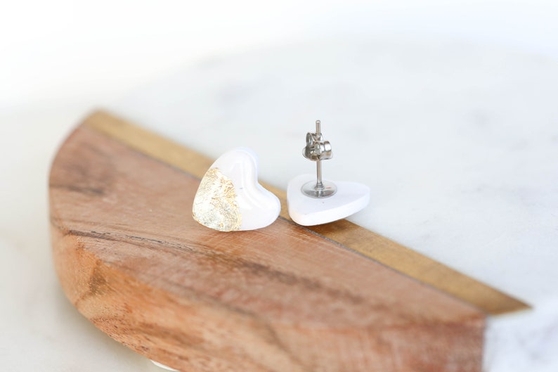 White heart stud earrings with gold foil made with stainless steel posts, polymer clay jewelry image 4