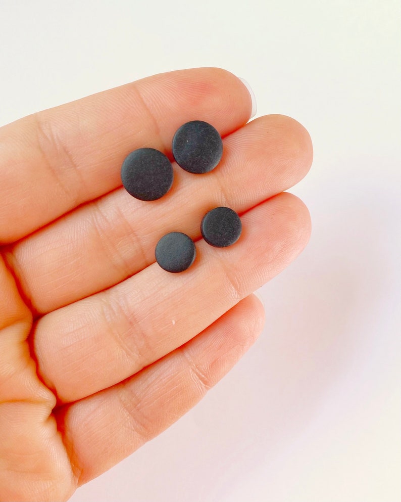 Black matte stud earrings, Hypoallergenic stainless steel earrings, Handmade polymer clay jewelry image 6