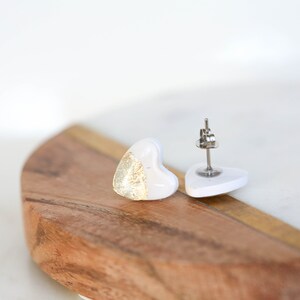 White heart stud earrings with gold foil made with stainless steel posts, polymer clay jewelry image 5