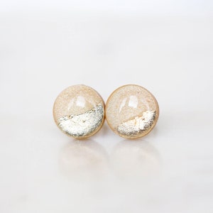 Champagne sparkly gold stud earrings, Minimalist gold earrings with surgical hypoallergenic steel base, Polymer clay jewelry image 1