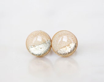 Champagne sparkly gold stud earrings, Minimalist gold earrings with surgical hypoallergenic steel base, Polymer clay jewelry