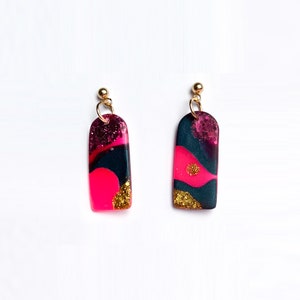 Neon pink bar earrings, Bright statement earrings with colourful glitter, Handmade jewelry gift image 1