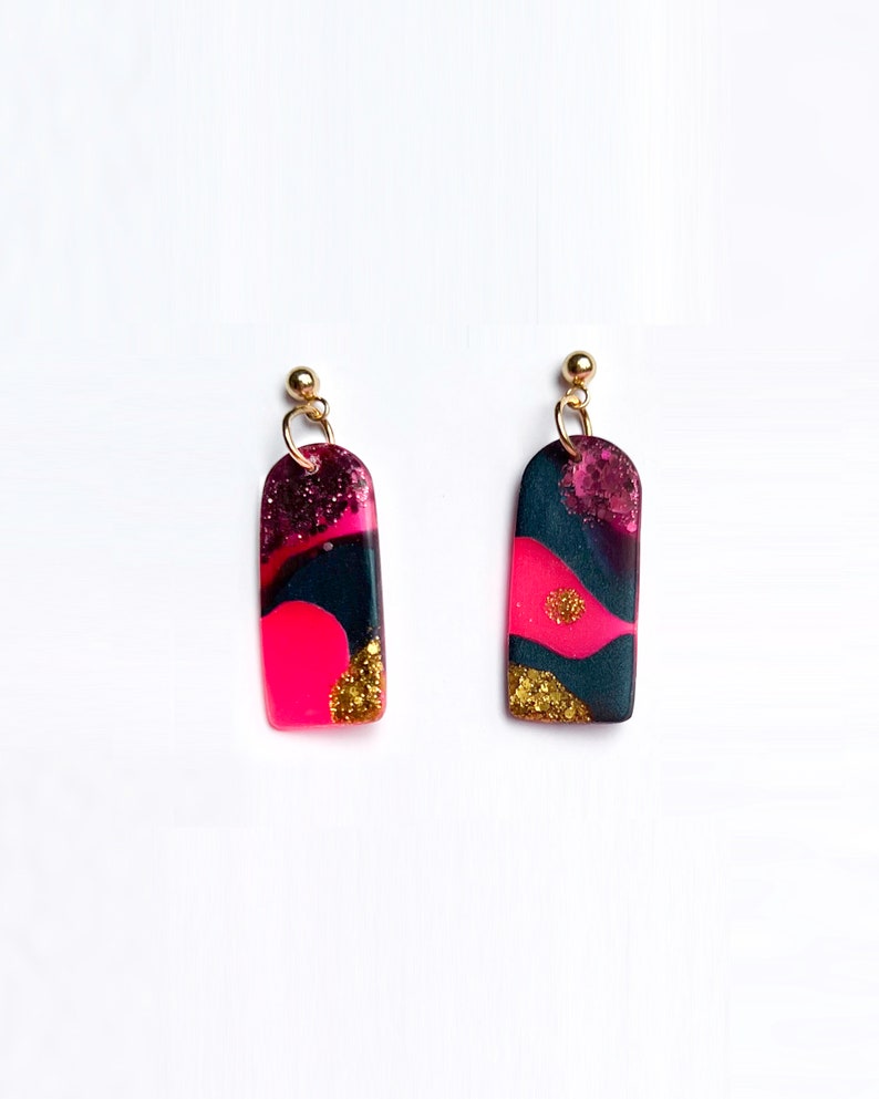 Neon pink bar earrings, Bright statement earrings with colourful glitter, Handmade jewelry gift image 1