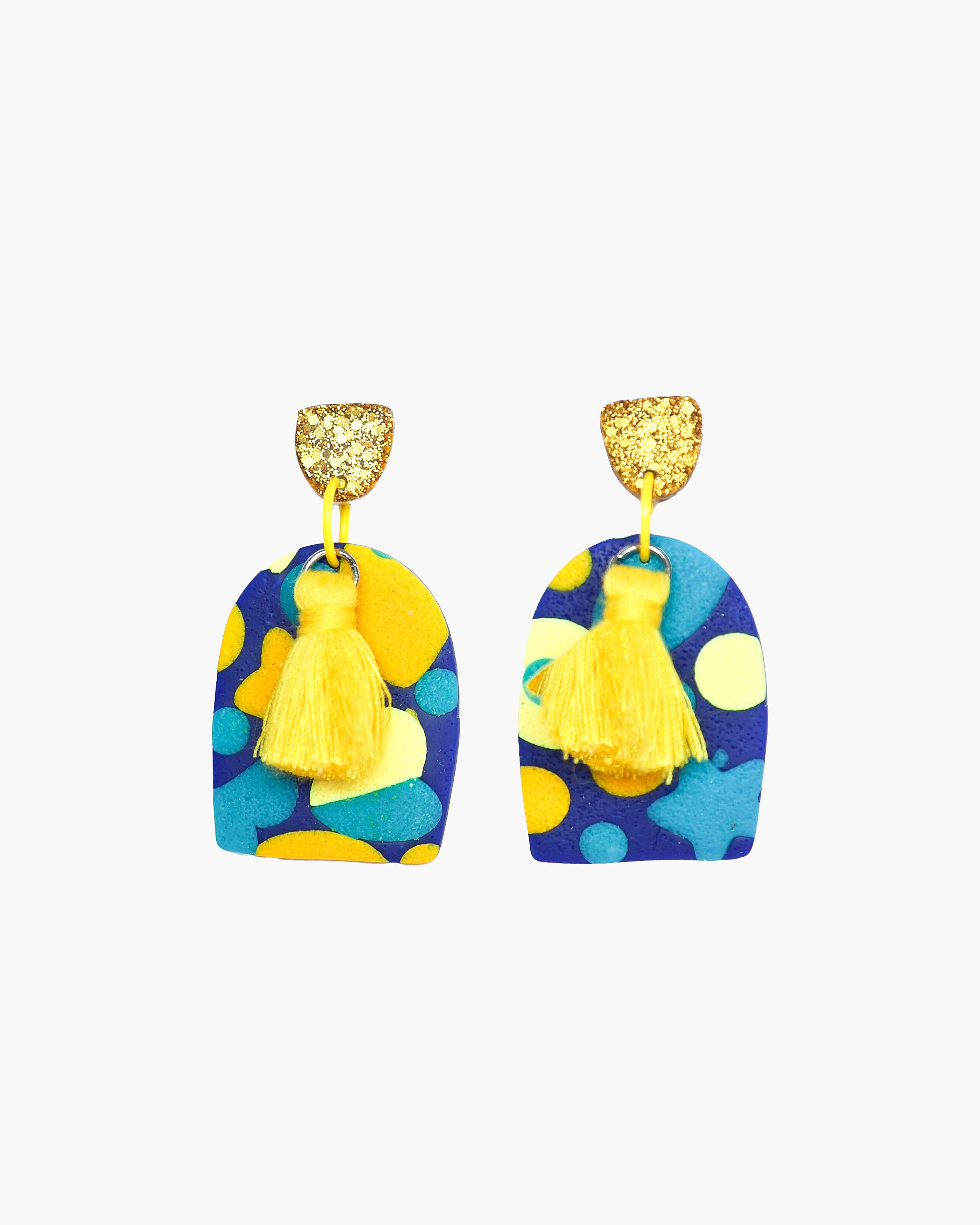 Cute blue yellow statement earrings with stainless steel posts, Gift for her, Handmade jewelry