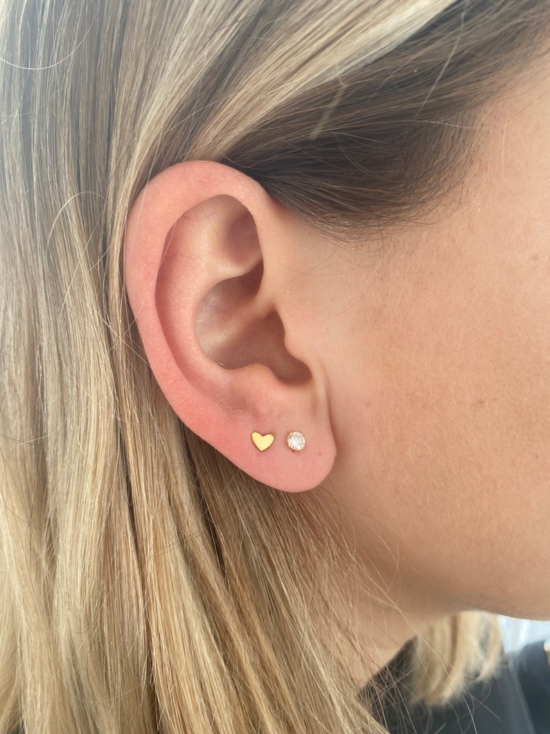 Minimalist second piercing stud earrings, 18k Gold heart studs, Delicate earrings for sensitive ears image 3